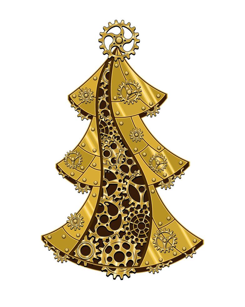 Christmas tree made of shiny brass, gold metal plates, gears, cogwheels, rivets in steampunk style. Vector illustration.