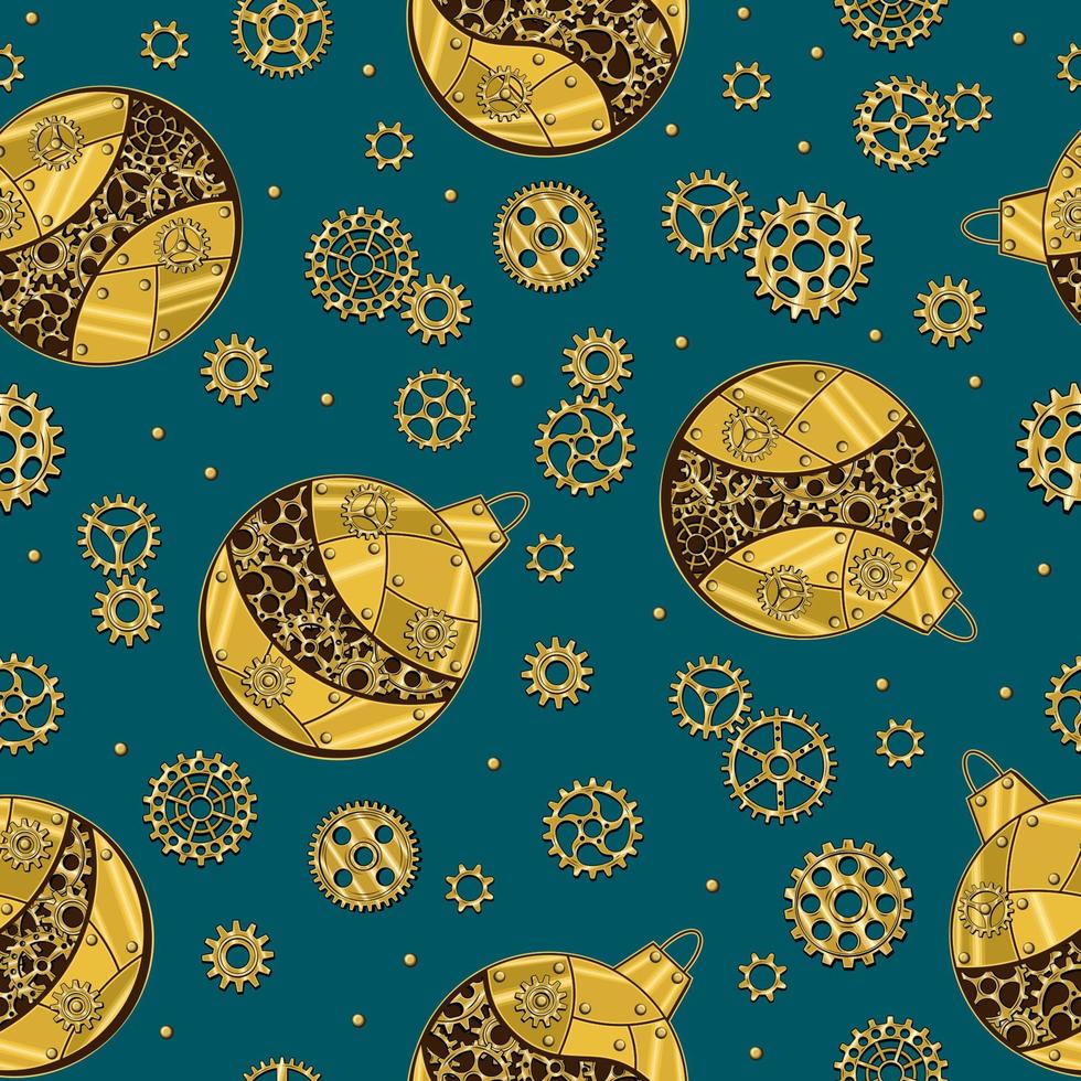 Pattern with gears and christmas balls made of shiny brass, gold metal plates, gears, cogwheels, rivets in steampunk style on turquoise. Christmas background. vector