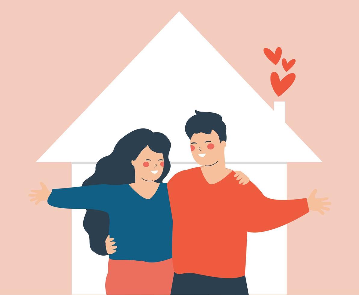 nueva pareja casada enamorada abrazándose y sonriendo. familia feliz de dos miembros, marido y mujer, parados al aire libre frente a su casa. ilustración vectorial vector