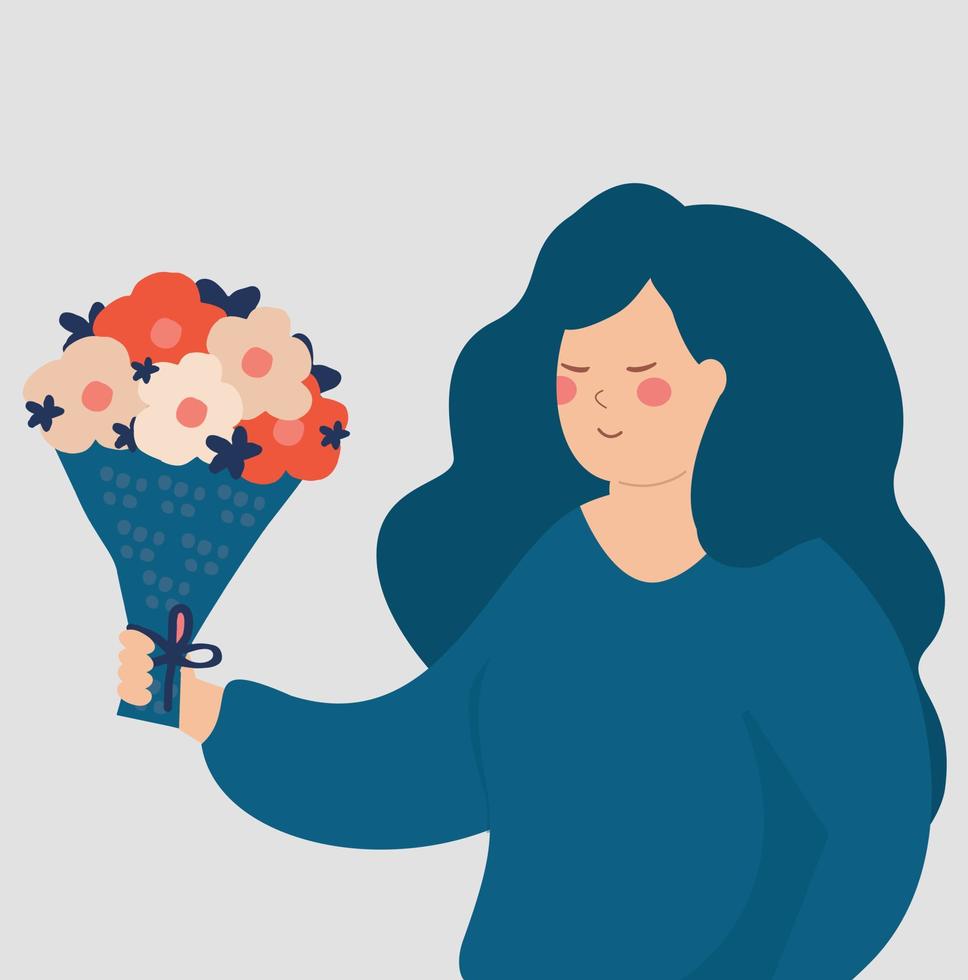 Woman holding a bouquet of flowers. Happy female in a positive mood gives or receives spring flowers for Mother's, Women's or Valentine's day. Mental health wellbeing concept. Vector illustration