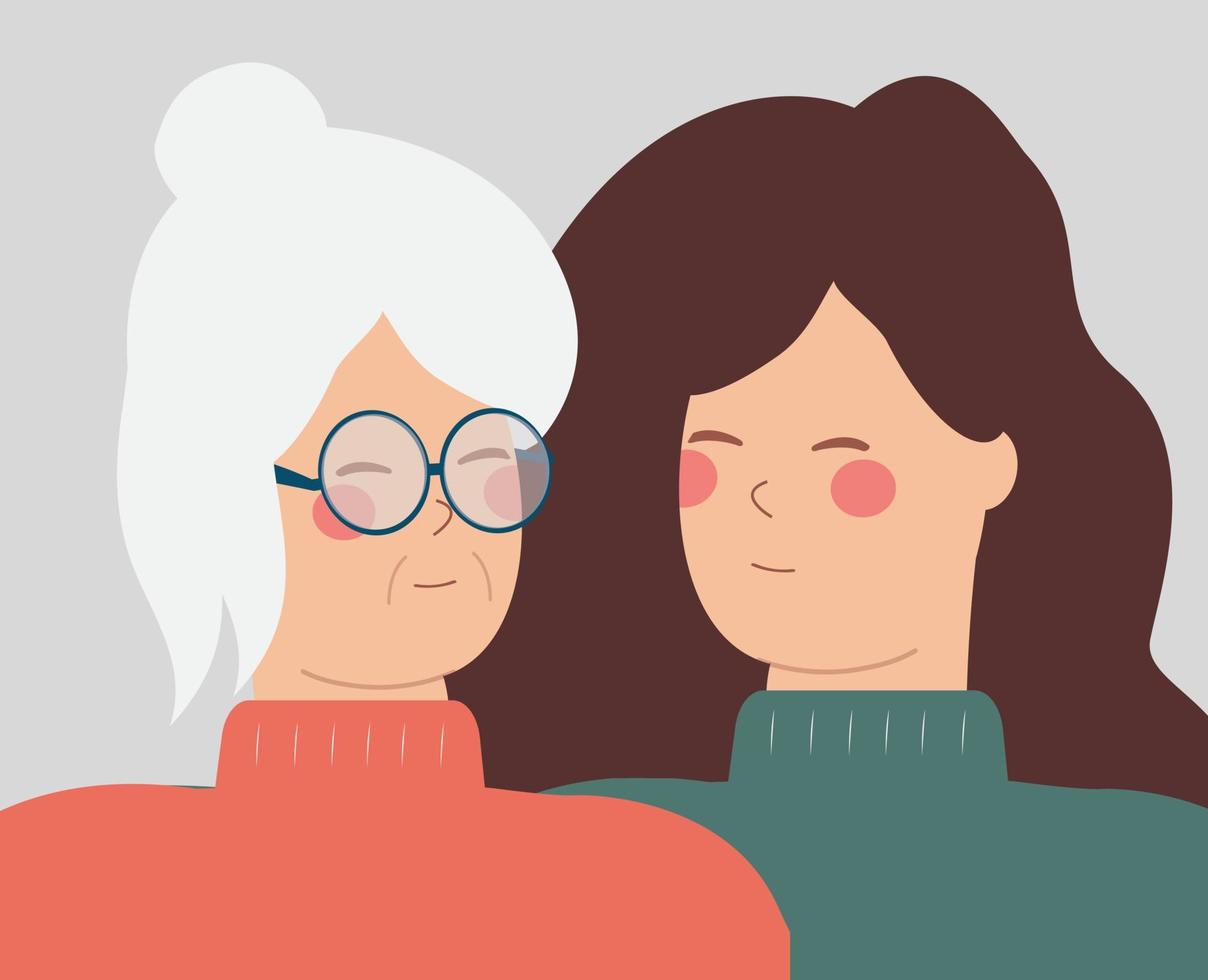 mujer joven que cuida a los ancianos y siente amor el uno por el otro. mamá mayor y su hija adulta. retrato del día de la madre o los abuelos. ilustración de la familia y las generaciones. concepto de envejecimiento. vector