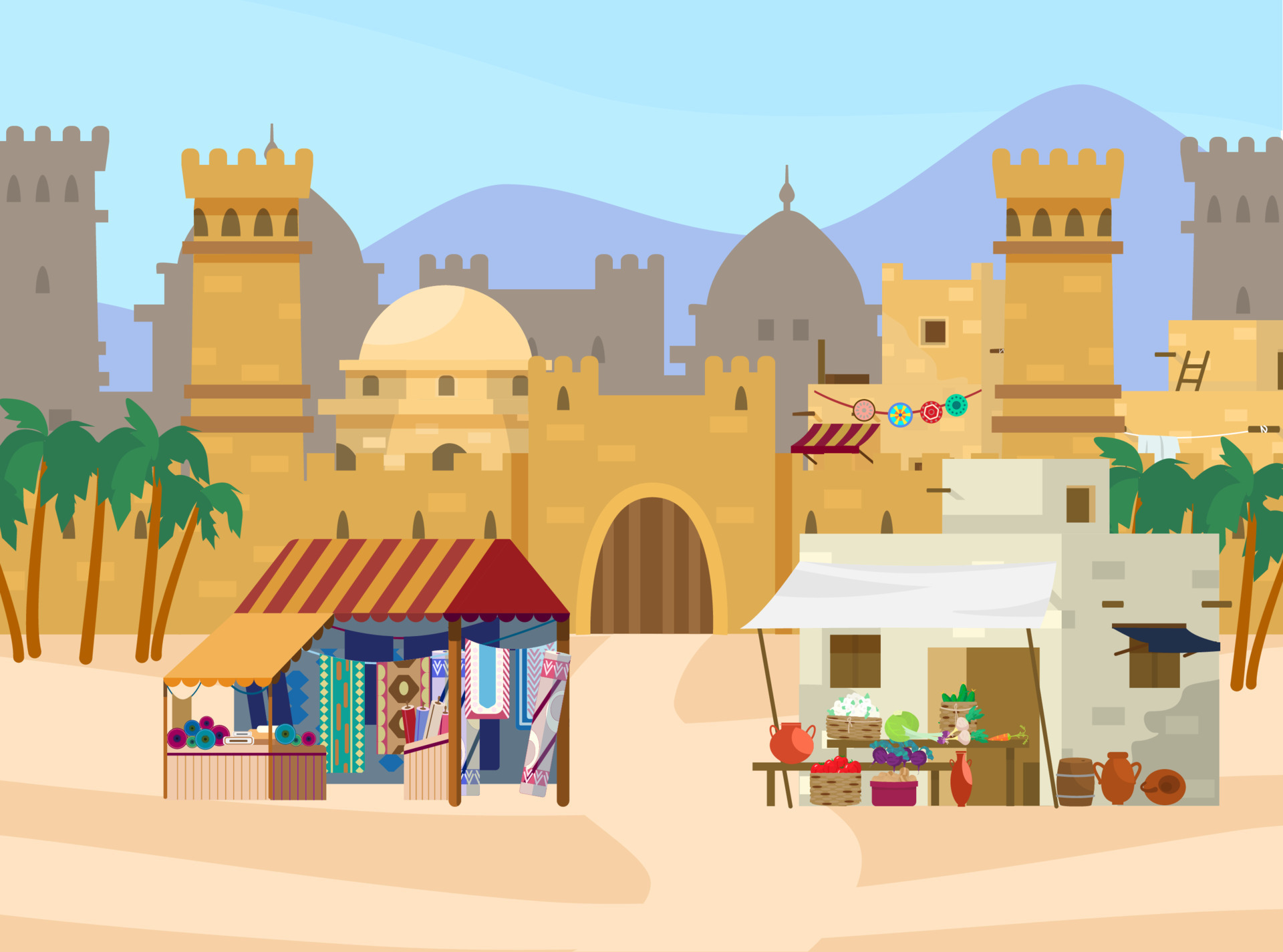 Vector illustration of Middle Eastern scene. Castle with towers and