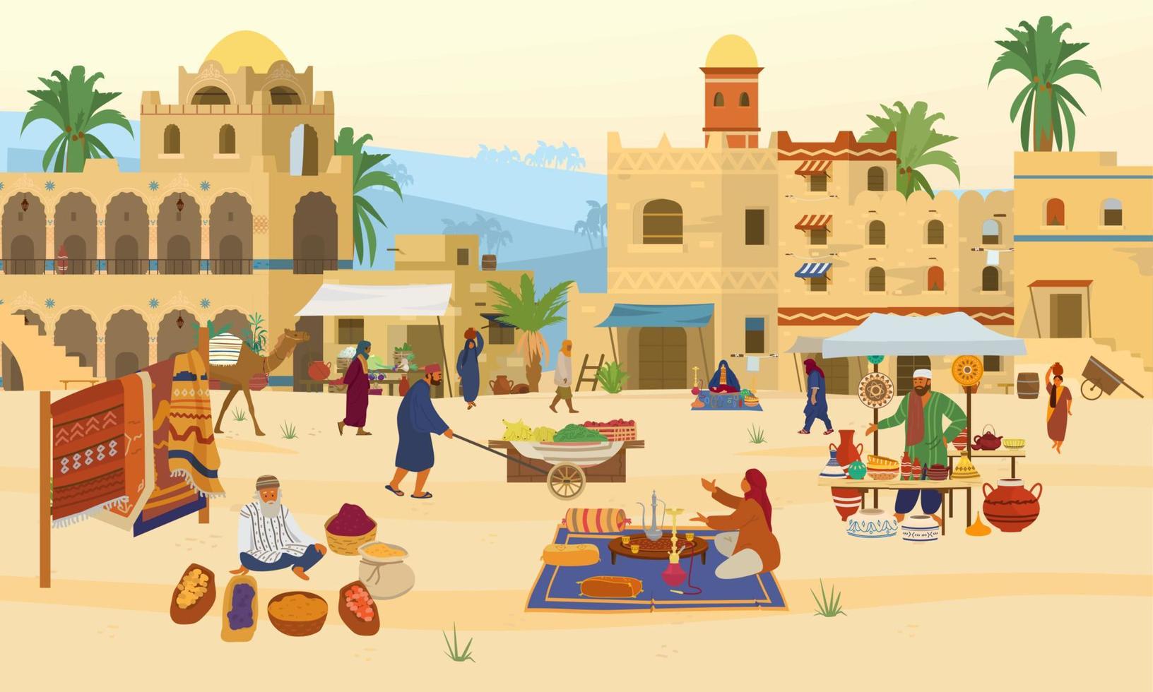 Vector illustration of Middle Eastern scene. Arabic desert landscape with traditional mud brick houses and people.  Carpets, ceramics, fruits, spices. Islamic Architecture.