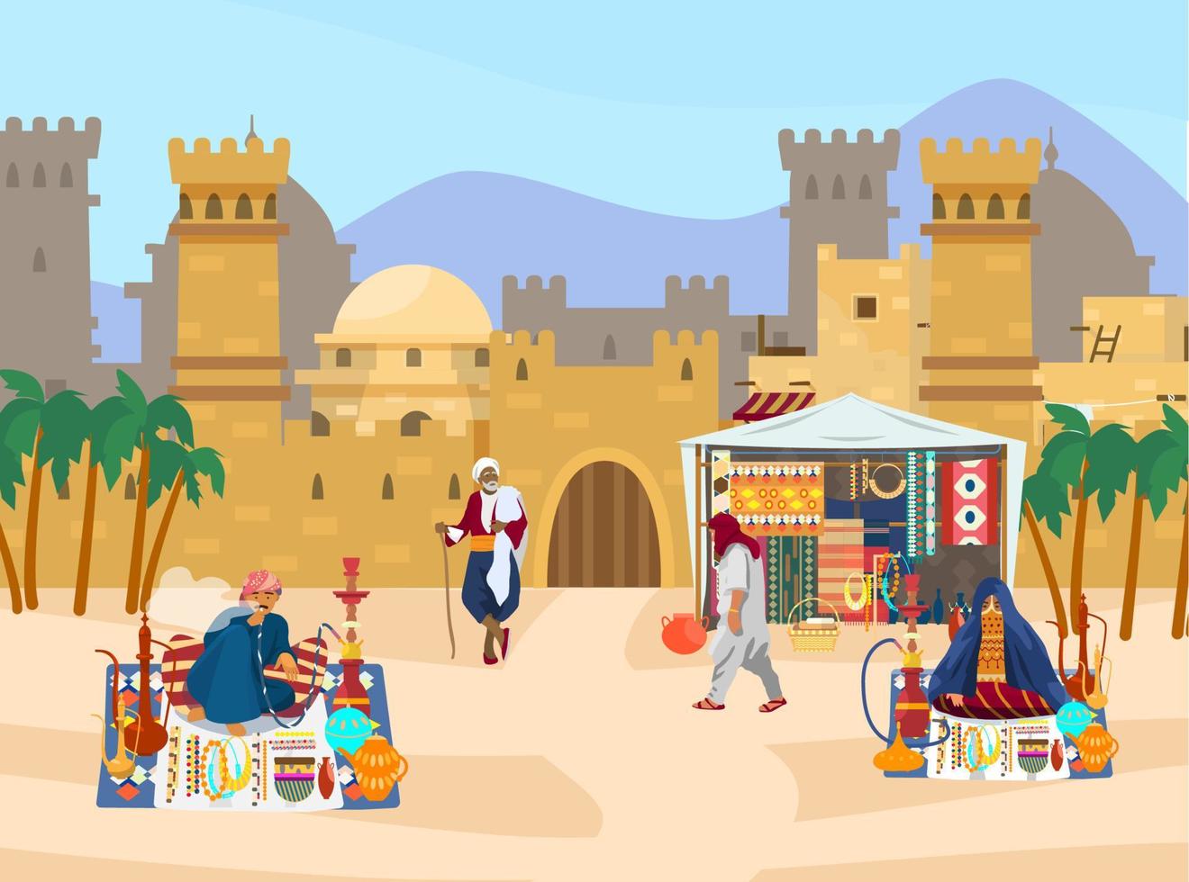 Vector illustration of Middle Eastern scene. Castle with towers and gates. Arabian houses. Street trade. Man smoking hookah. Veiled woman sells jewelry and ceramics. Desert landscape. Flat style.