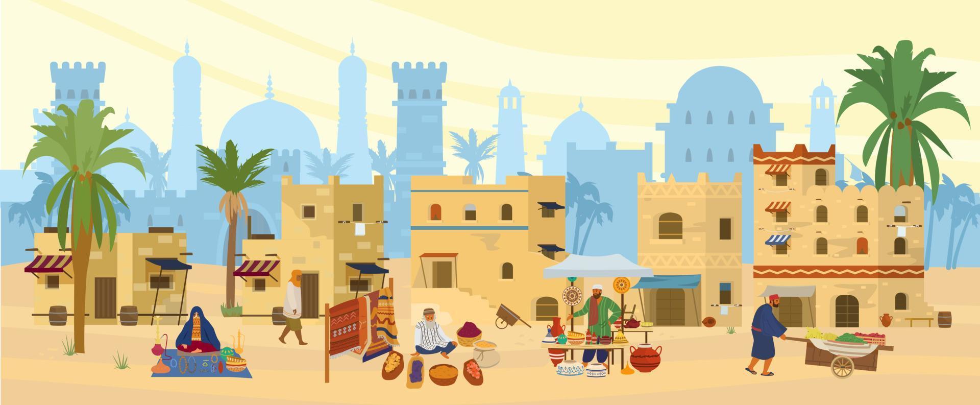 ilustración plana vectorial de la ciudad del Medio Oriente. paisaje desértico árabe con casas tradicionales de ladrillos de barro y gente. bazar callejero con alfombras, cerámica, frutas, especias. arquitectura islámica. vector