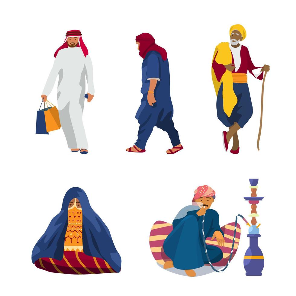 conjunto vectorial de gente del medio oriente con ropa tradicional. hombre árabe con bolsillos, anciano en turbante con palo, mujer sentada, hombre fumando narguile. vector