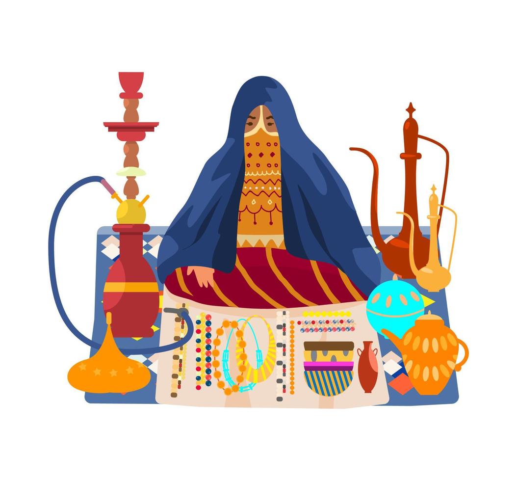 Vector illustration of veiled arab woman selling traditional souvenirs ceramics, jewelry, hookah, tea pots. Middle East culture.