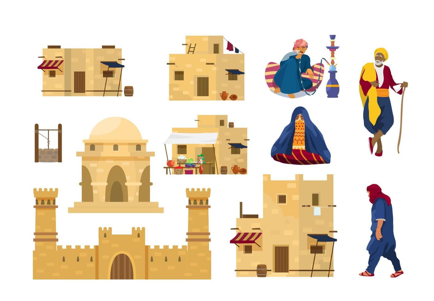 Vector set of Middle Eastern people and architecture elements. Old arab man with stick, man smoking hookah, veiled woman, walking man. Traditional houses, castle mud brick wall. Middle Eastern market.