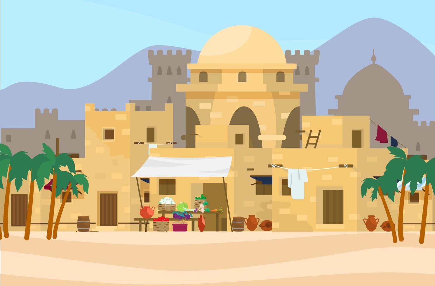 Vector illustration of Middle Eastern cityscape with traditional houses, market and castle on the background. Ancient arab village. Flat style.