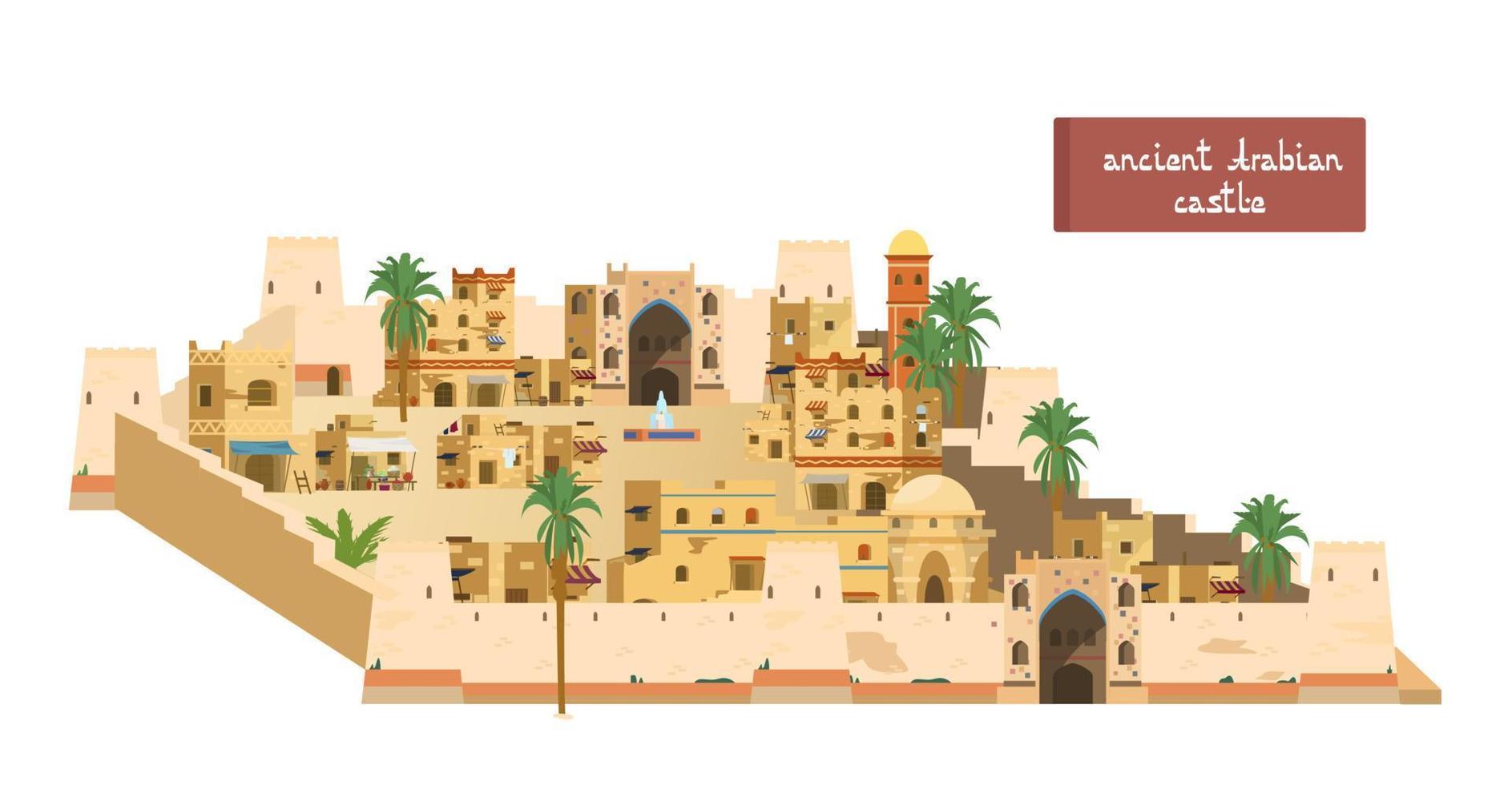Vector Illustration Of Ancient Araban Castle With Towers, Gates, Mud Brick Houses, Market, Fountain, Palms. Isolated On White.