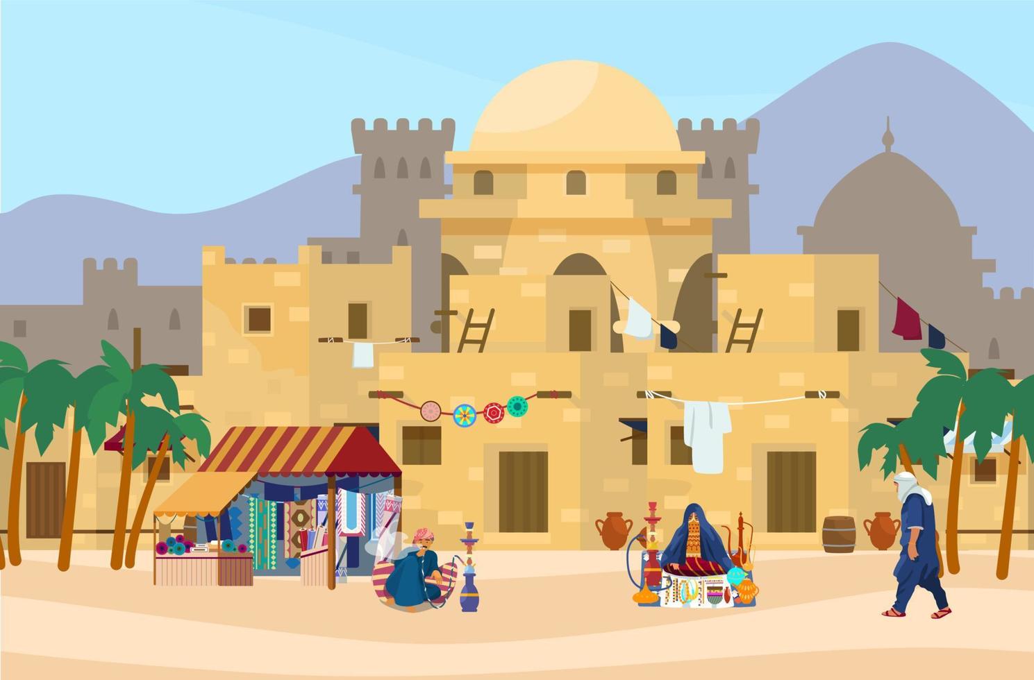 Vector illustration of Middle Eastern cityscape with traditional houses, market and castle on the background. Ancient arab village. Veiled woman sells jewelry and ceramics. Fabric store. Flat style.