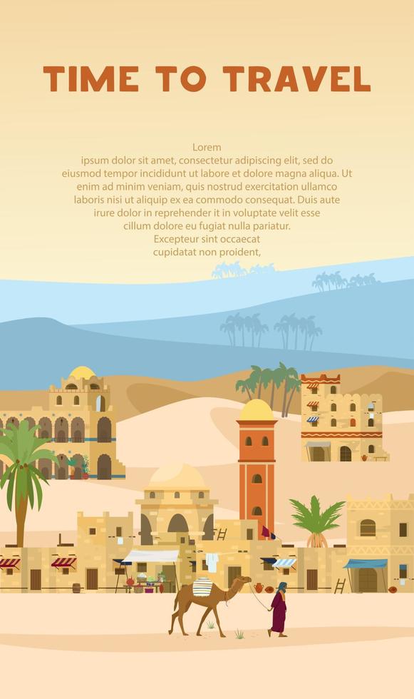 tiempo para viajar banner vectorial vertical con ilustración de la antigua ciudad árabe en el paisaje desértico con casas tradicionales de ladrillos de barro, palmeras, beduinos con camello. diseño plano. vector