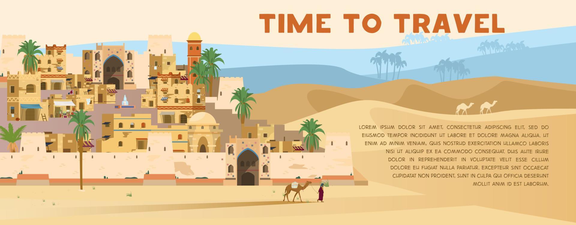hora de viajar banner vectorial con ilustración de la antigua ciudad árabe en el paisaje desértico con casas tradicionales de ladrillos de barro, palmeras, beduinos con camello. diseño plano. vector