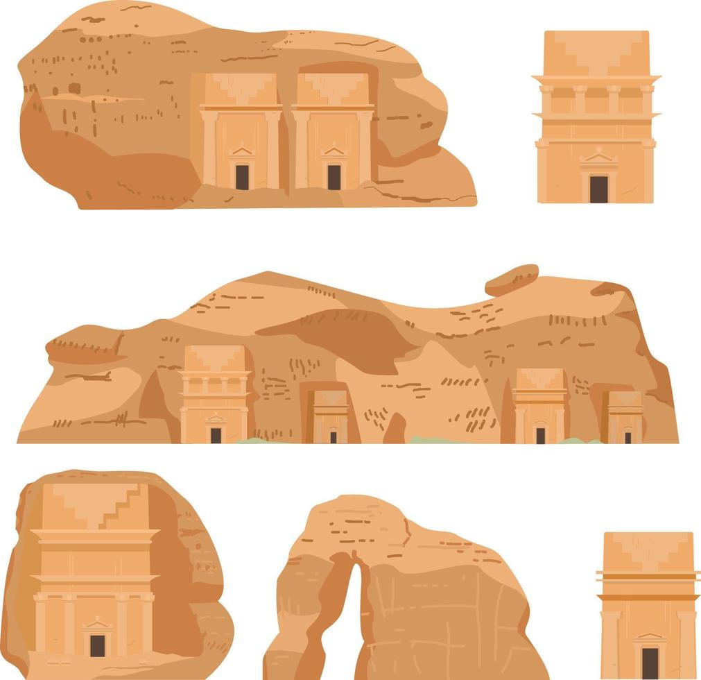 conjunto de ilustraciones vectoriales de aldea antigua de arabia saudita hegra. alula, mada'in saleh, roca elefante, qasr al-farid, tumbas. vector