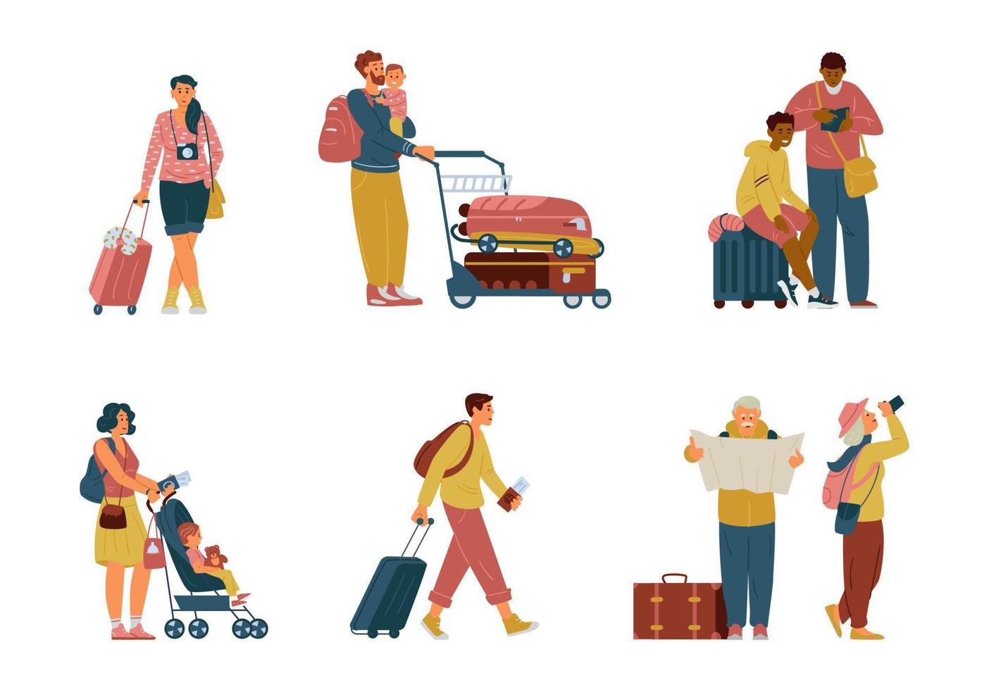 conjunto vectorial de personajes en el aeropuerto con maletas, carro, mochilas. familia viajera, sola, pareja senior. ilustración vectorial plana. aislado en blanco vector