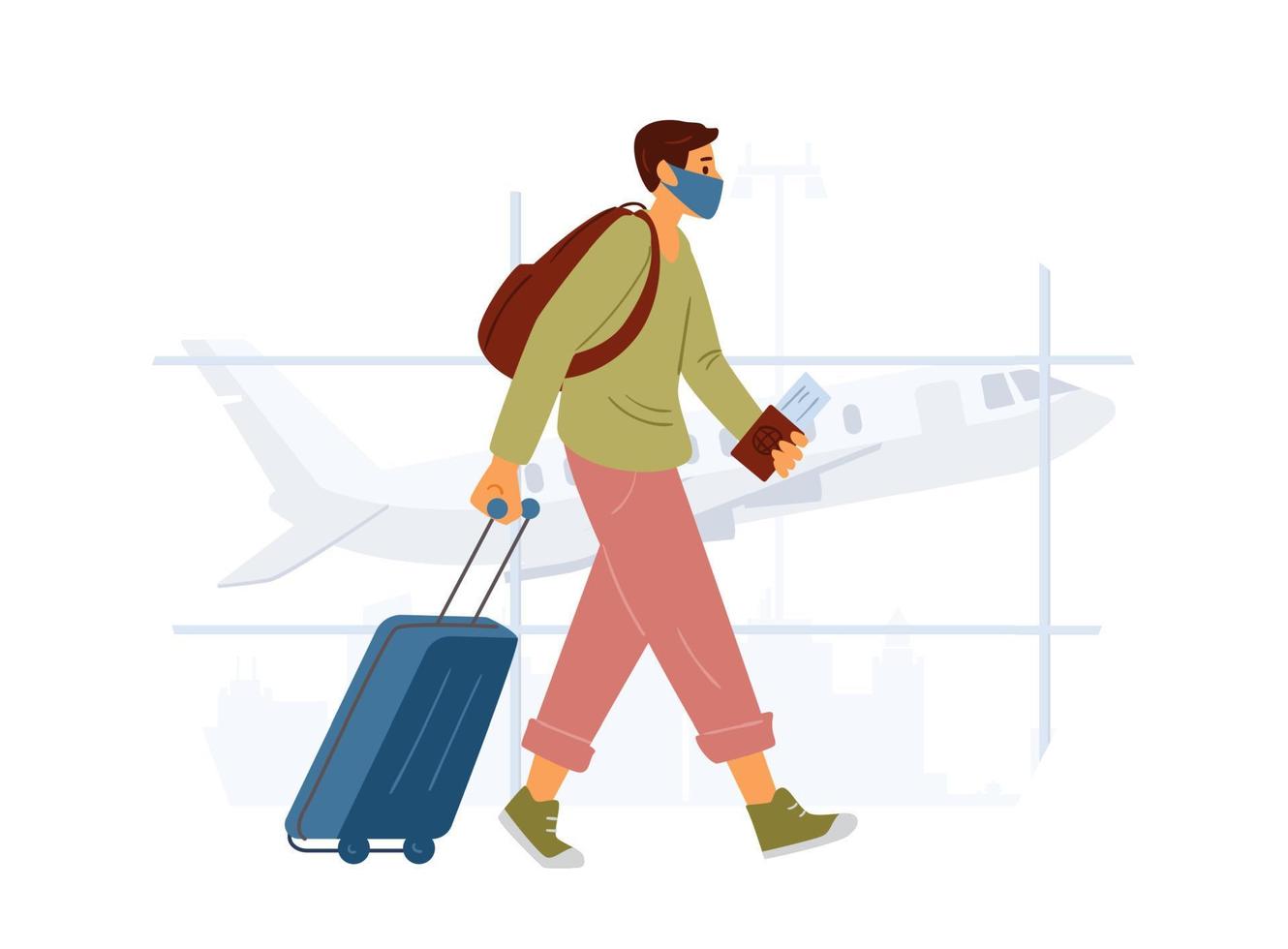 joven con máscara protectora caminando con maleta en el aeropuerto. viajar durante el concepto de pandemia. ilustración vectorial plana. vector