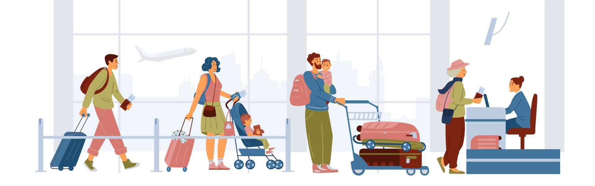 People With Suitcases And Bags Alone And With Children Waiting In Queue For Check In Airport. Flat Vector Illustration.