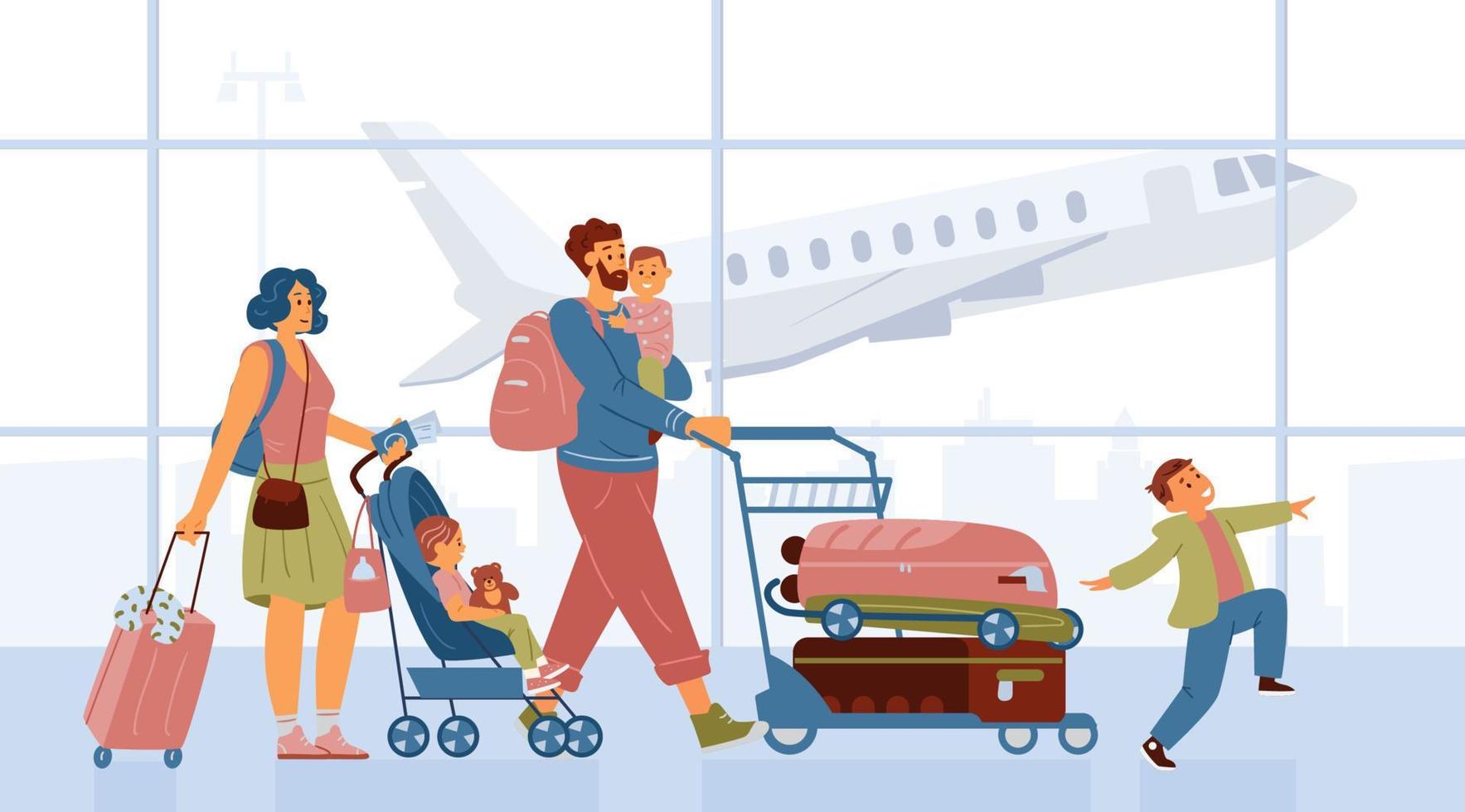 familia con niños empujando carro con equipaje caminando en el aeropuerto yendo de vacaciones. madre con cochecito de bebé, padre con niño en las manos, niño feliz saltando. ilustración vectorial plana. vector