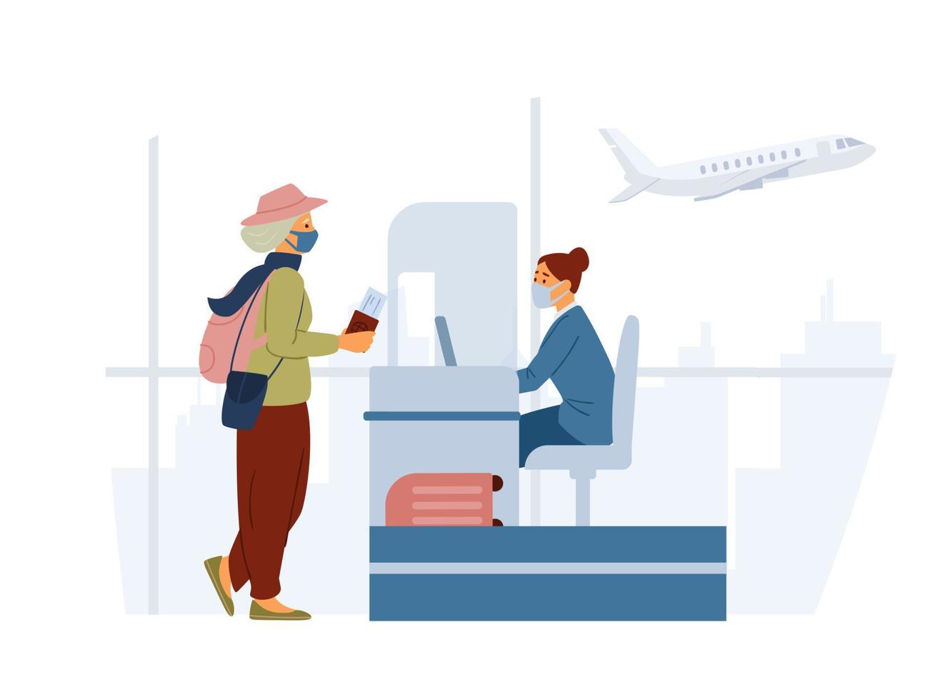 Senior Woman Wearing Protective Mask Standing Near Check In Counter In Airport. Travel During Pandemic Concept. Flat Vector Illustration.