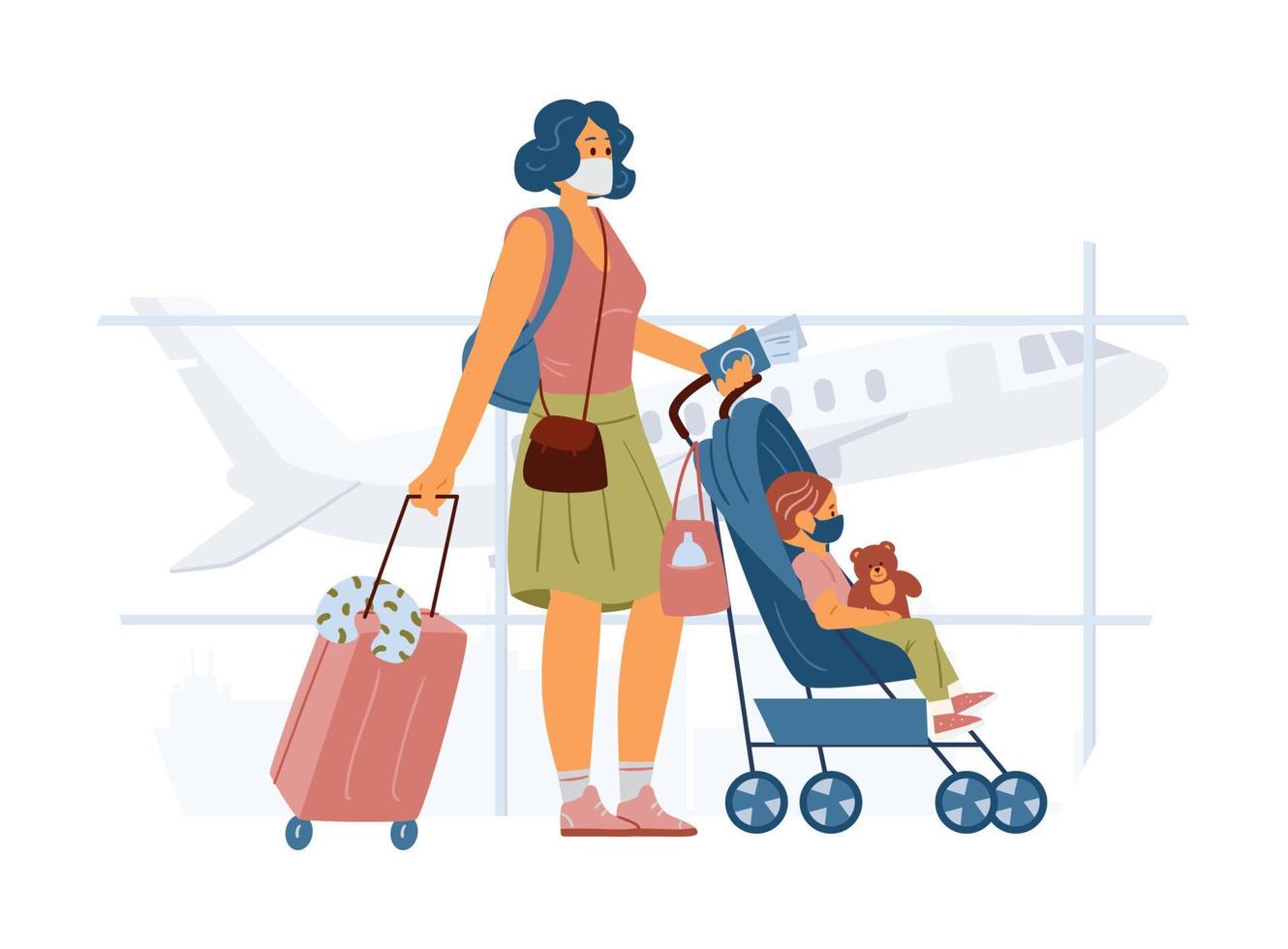 mujer con niño en cochecito de bebé con máscara protectora en el aeropuerto yendo de vacaciones. viajar durante el concepto de pandemia. ilustración vectorial plana. vector