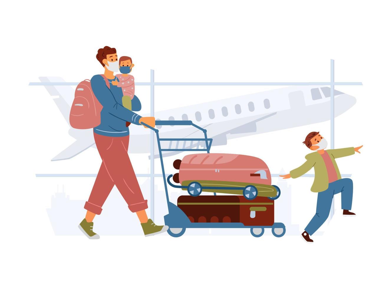 padre con hijos con máscaras protectoras en el aeropuerto. hombre sosteniendo a un niño en las manos empujando un carro con equipaje. viajar durante la pandemia de covid. ilustración vectorial plana. vector