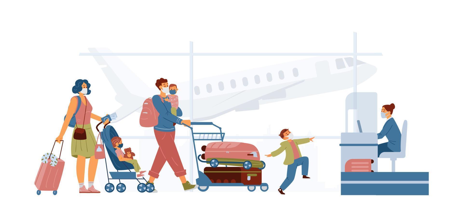 Family Wearing Protective Masks In Airport Near Check In Stand. Mother With Baby Stroller, Father Holding Child With Cart With Lugguage. Travel During Pandemic Concept. vector