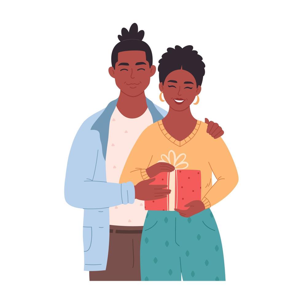 pareja de amor negro abrazándose y dando regalos. pareja de amor con presente. familia afroamericana. sorpresa de vacaciones. día de boxeo vector