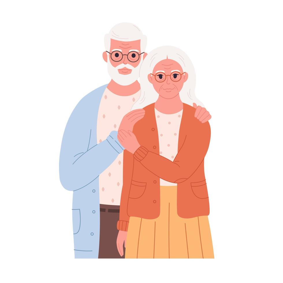 ancianos amor pareja abrazándose. abuelo y abuela sonrientes con ropa moderna. hombre y mujer jubilados. vector