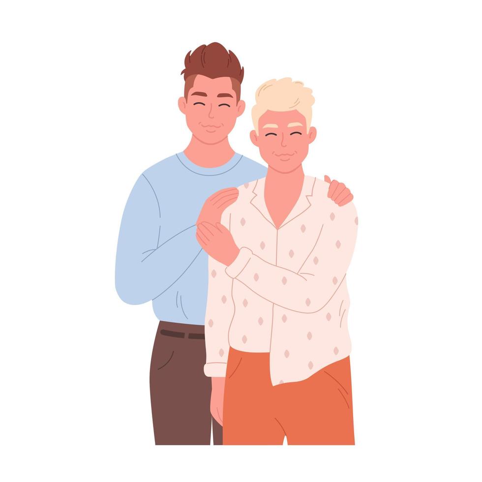 pareja gay abrazándose y sonriendo. cariño pareja juntos. pareja lgbt, orgullo lgbt. pareja de hombres homosexuales. vector