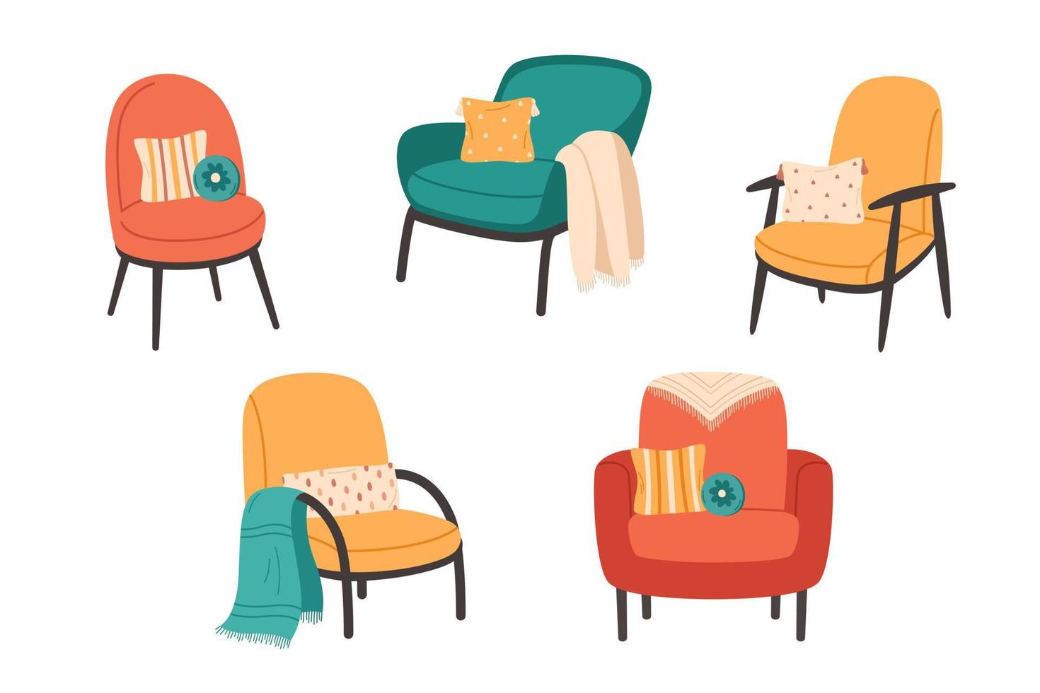 Collection of modern armchairs with blankets and decorative pillows. Cozy modern comfortable furniture in hygge style. vector