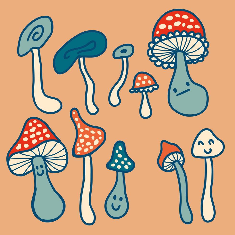Cute agaric mushrooms doodle clipart collection. vector