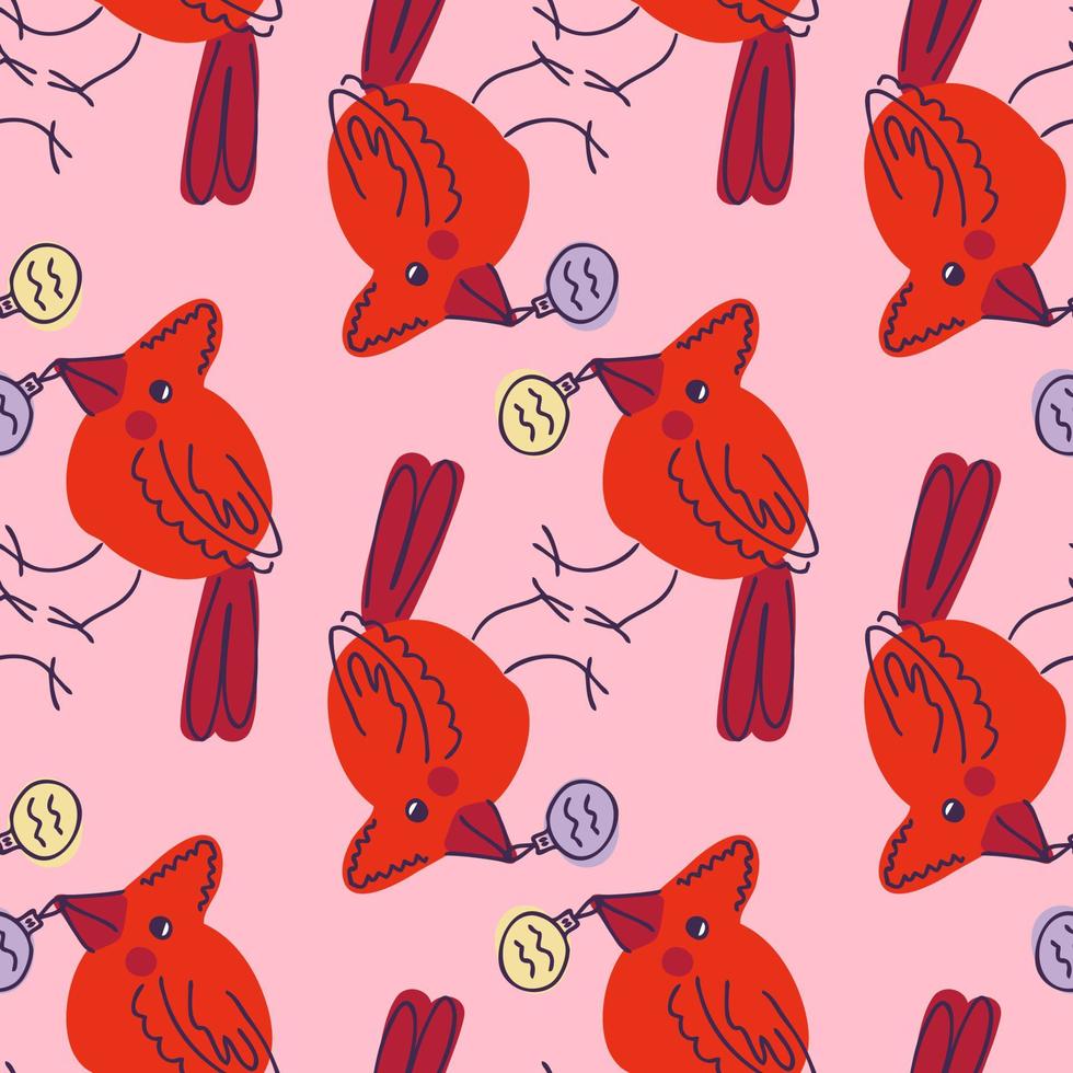 Northern red cardinal bird with christmas toy in beak seamless pattern. vector