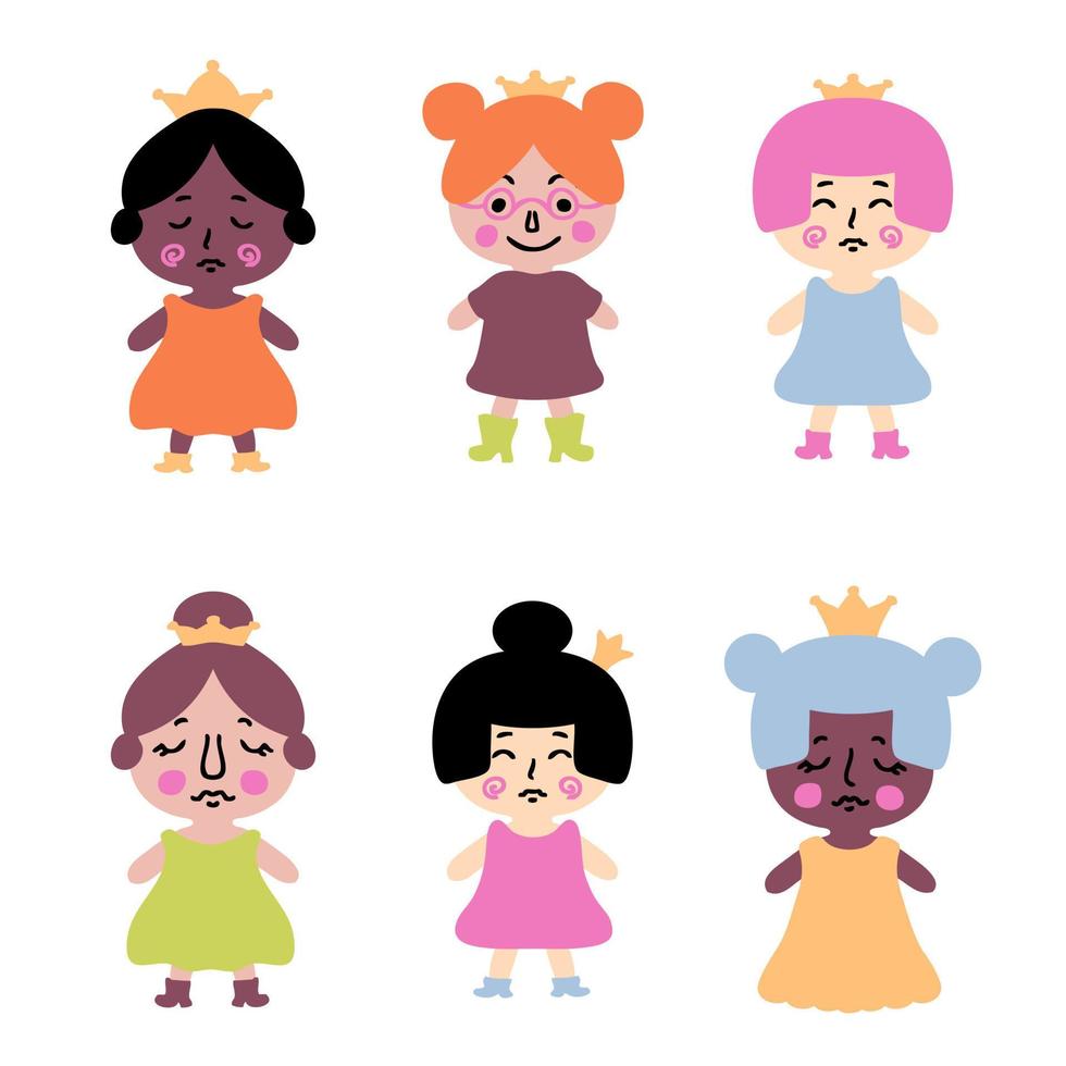 Cute little princess clipart collection in flat style. Perfect for posters, greeting cards, tee, logo, stickers and print. vector
