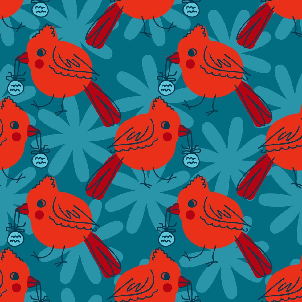 Cardinal bird with christmas toy in beak and snowflakes seamless pattern. vector