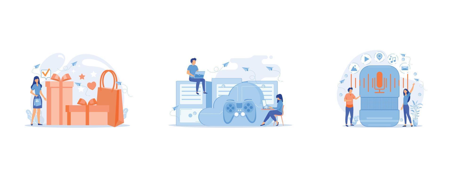 Gift card with bow and ribbon, gift box and woman loving shopping, Two gamers playing computer connected with joystick, Users buying smart speaker applications online, vector