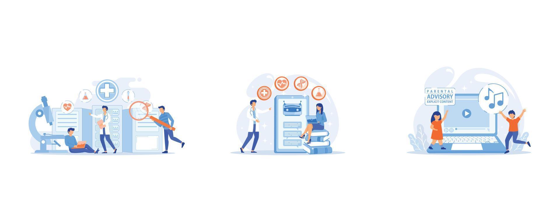 Doctors and personalized prescriptive analytics, Medical chatbot gives healthcare consultation to patient, Children at laptop listening to music with parental advisory label warning vector