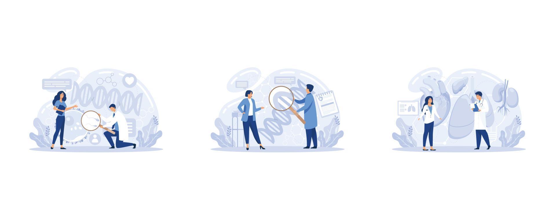 Bioengineering, Genetic engineering, genetically modified organism, lab-grown organs, dna manipulation, stem cells, set flat vector modern illustration