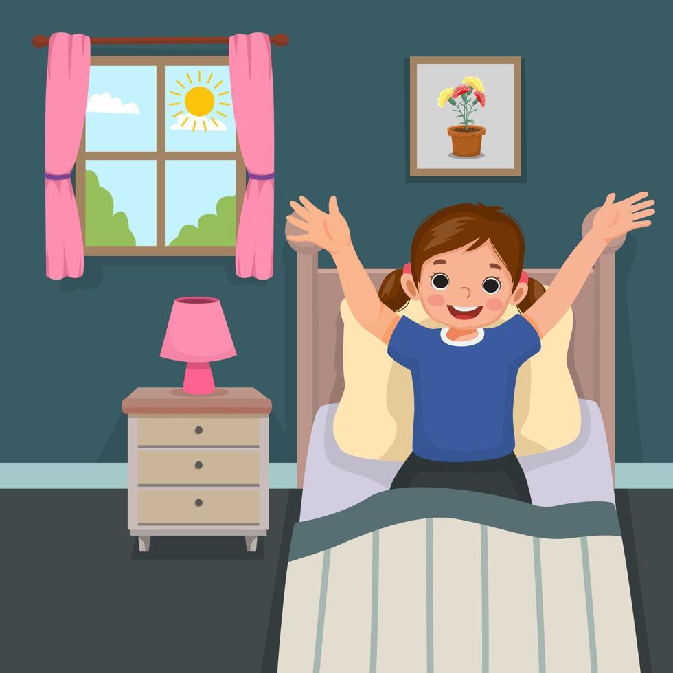 Cute little girl wake up in morning stretching hands on bed in bedroom vector