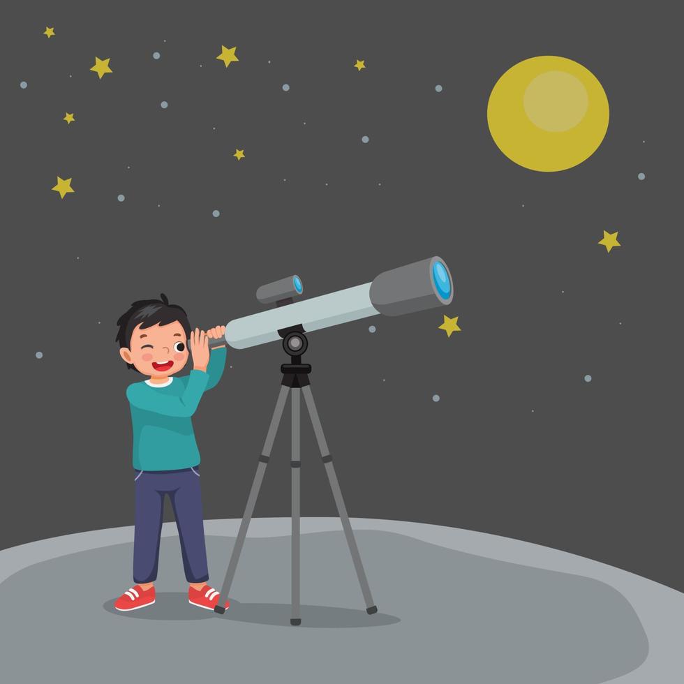 lindo niño usando telescopio mirando estrellas y galaxias en la noche vector