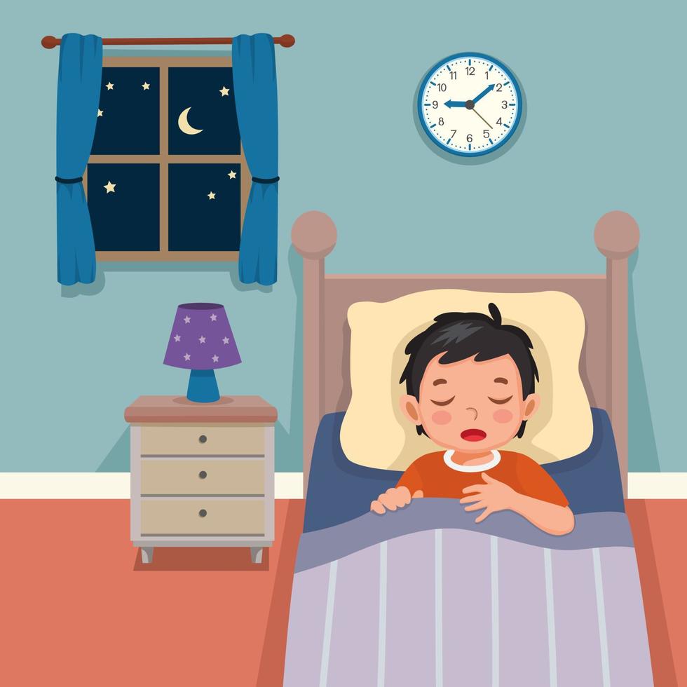 lindo niño pequeño durmiendo en la cama por la noche en el dormitorio vector