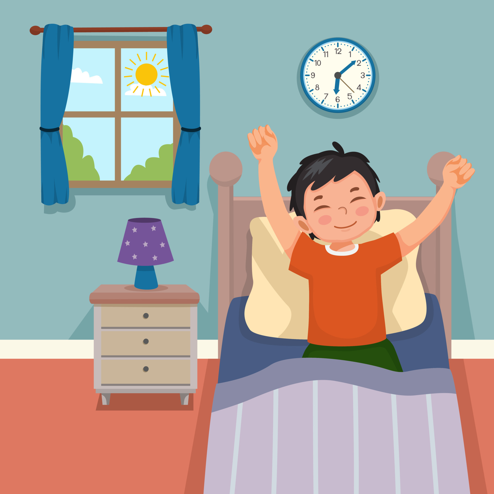 Cute little boy wake up in morning stretching hands on bed in bedroom ...