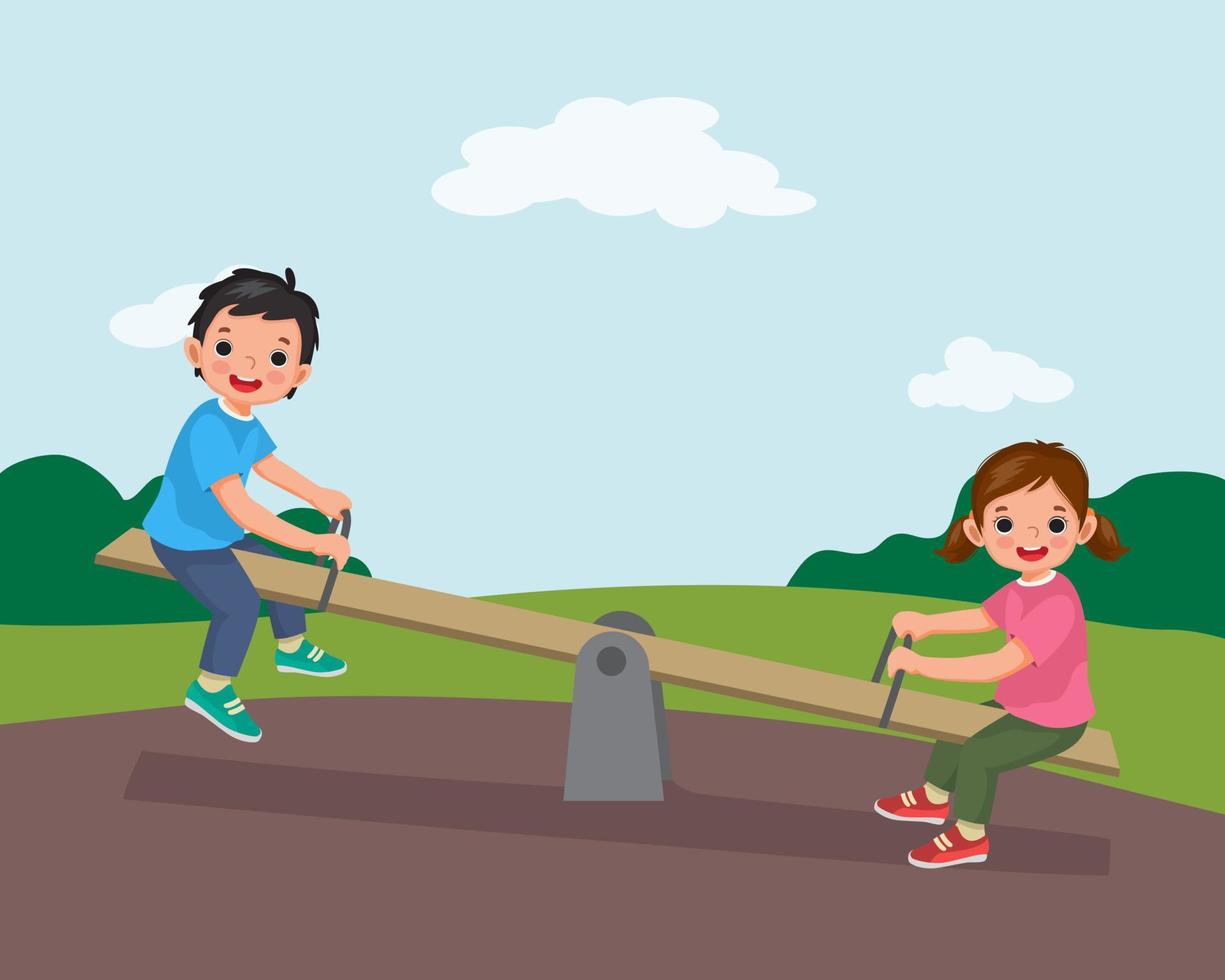 cute little boy and girl kids playing swinging on seesaw in the park vector