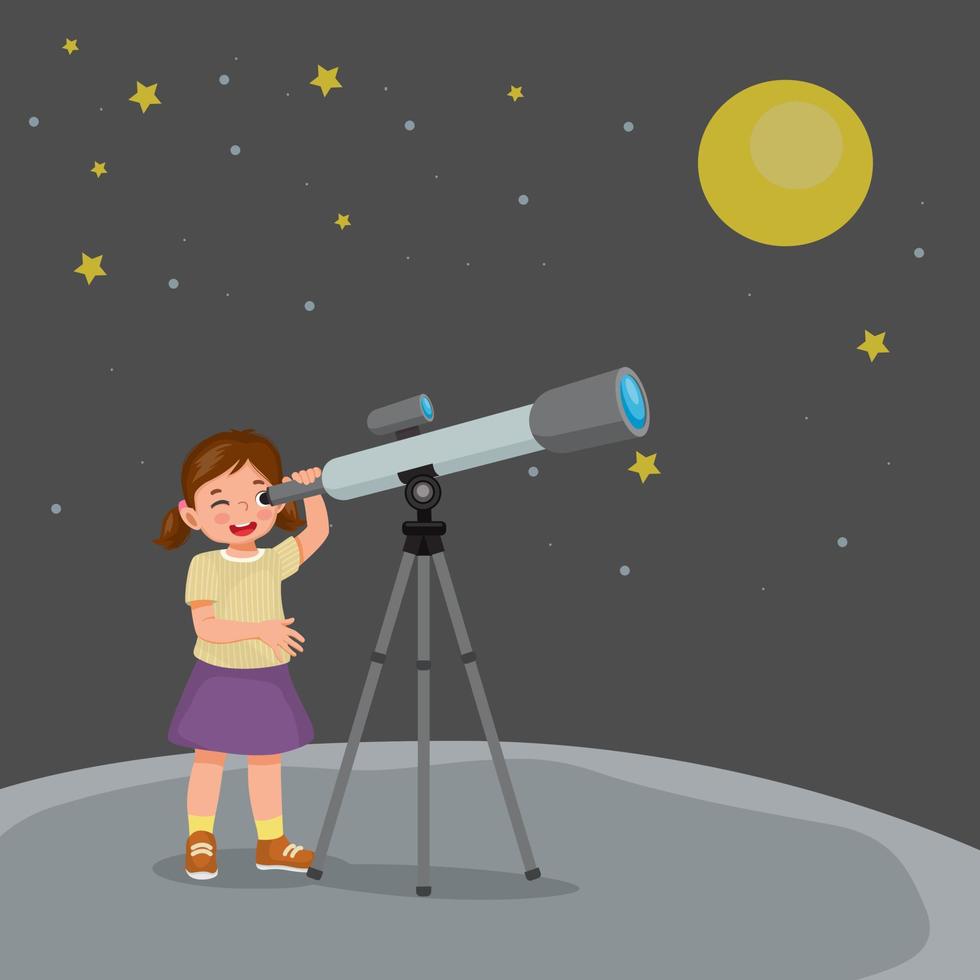 cute little girl using telescope looking at star and galaxies at night vector