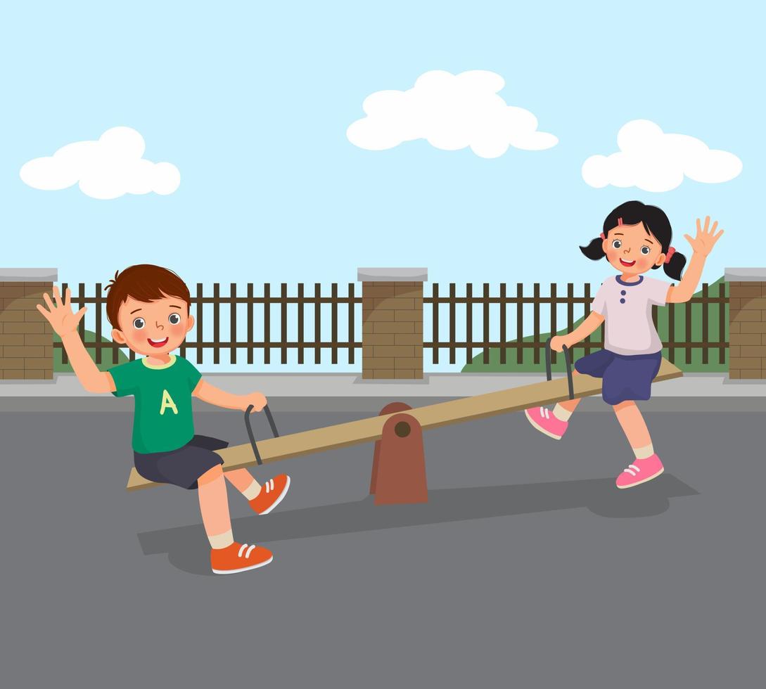 Happy little boy and girl kids playing swinging on seesaw in the park vector