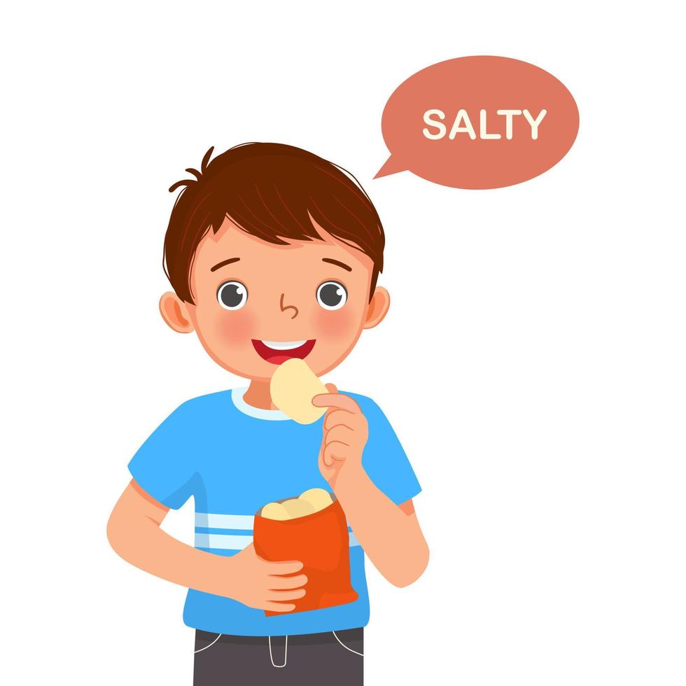 cute little boy holding potato chip showing salty taste of tongue five senses vector