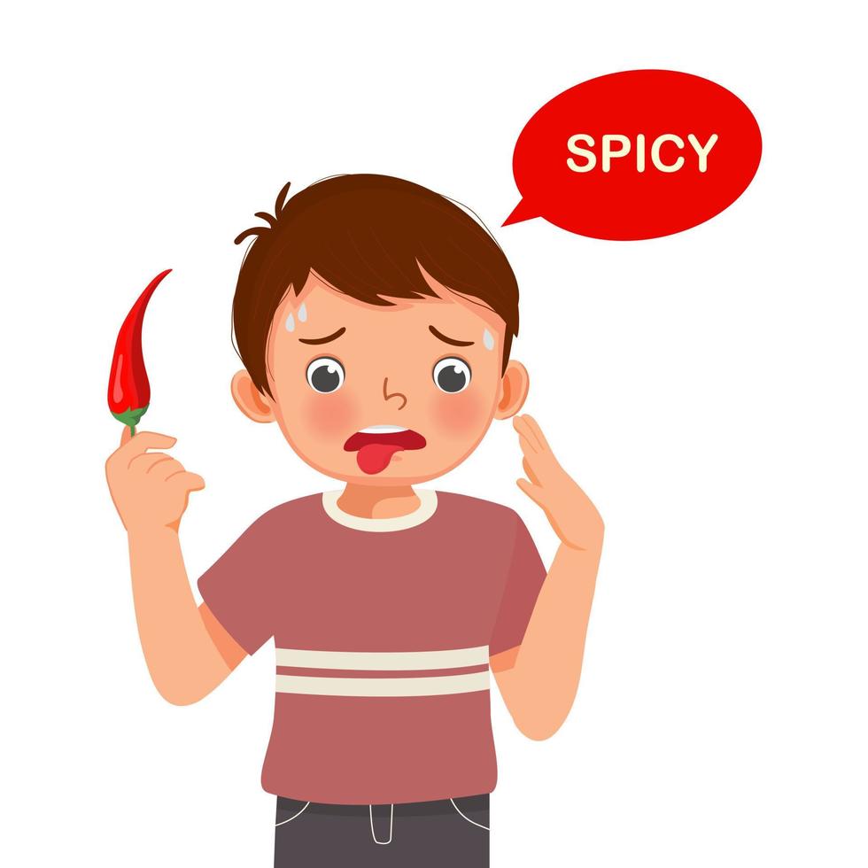lindo niño sosteniendo chile rojo mostrando el sabor picante de la lengua cinco sentidos vector
