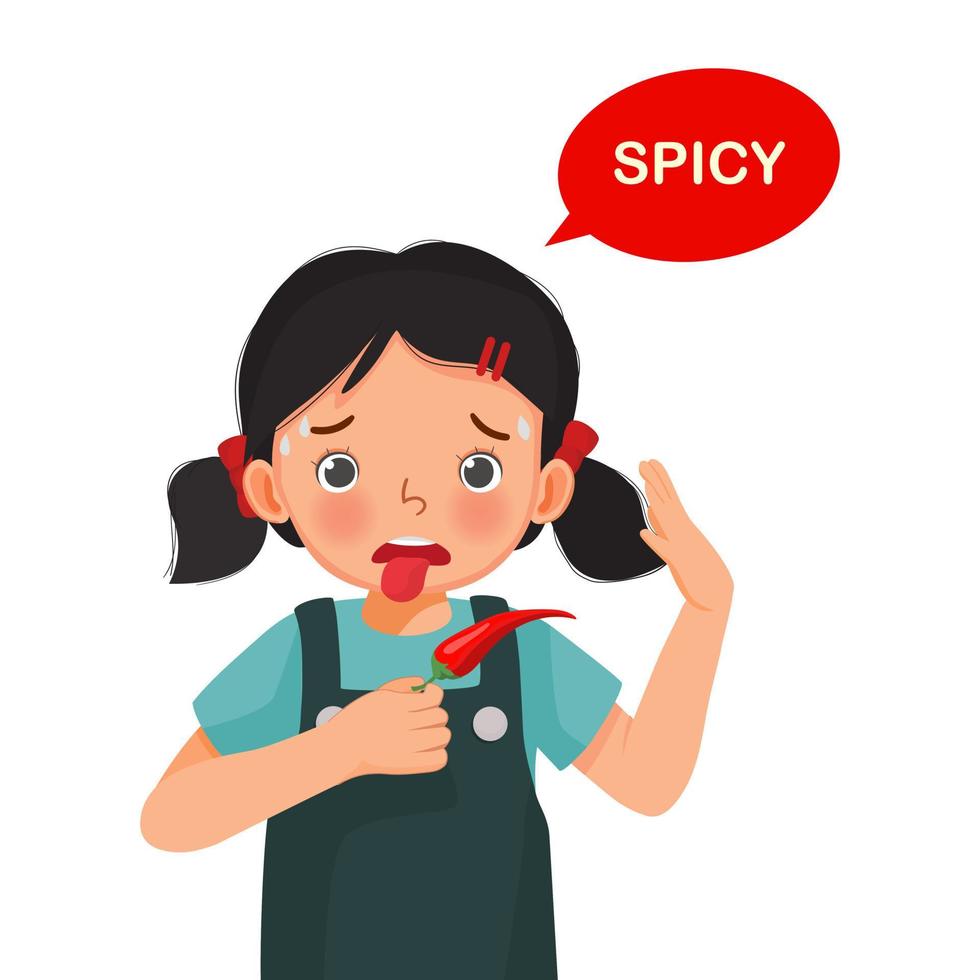 linda niña sosteniendo ají rojo que muestra el sabor picante de la lengua cinco sentidos vector