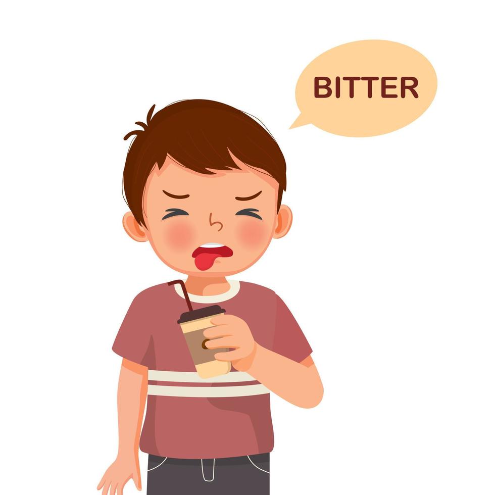 cute little boy holding coffee paper cup showing bitter taste of tongue five senses vector