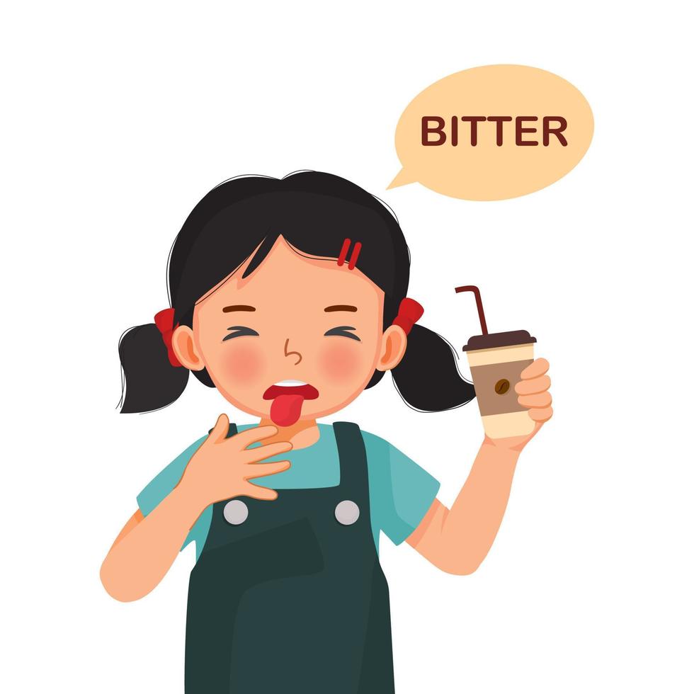 linda niña sosteniendo una taza de papel de café que muestra el sabor amargo de la lengua cinco sentidos vector