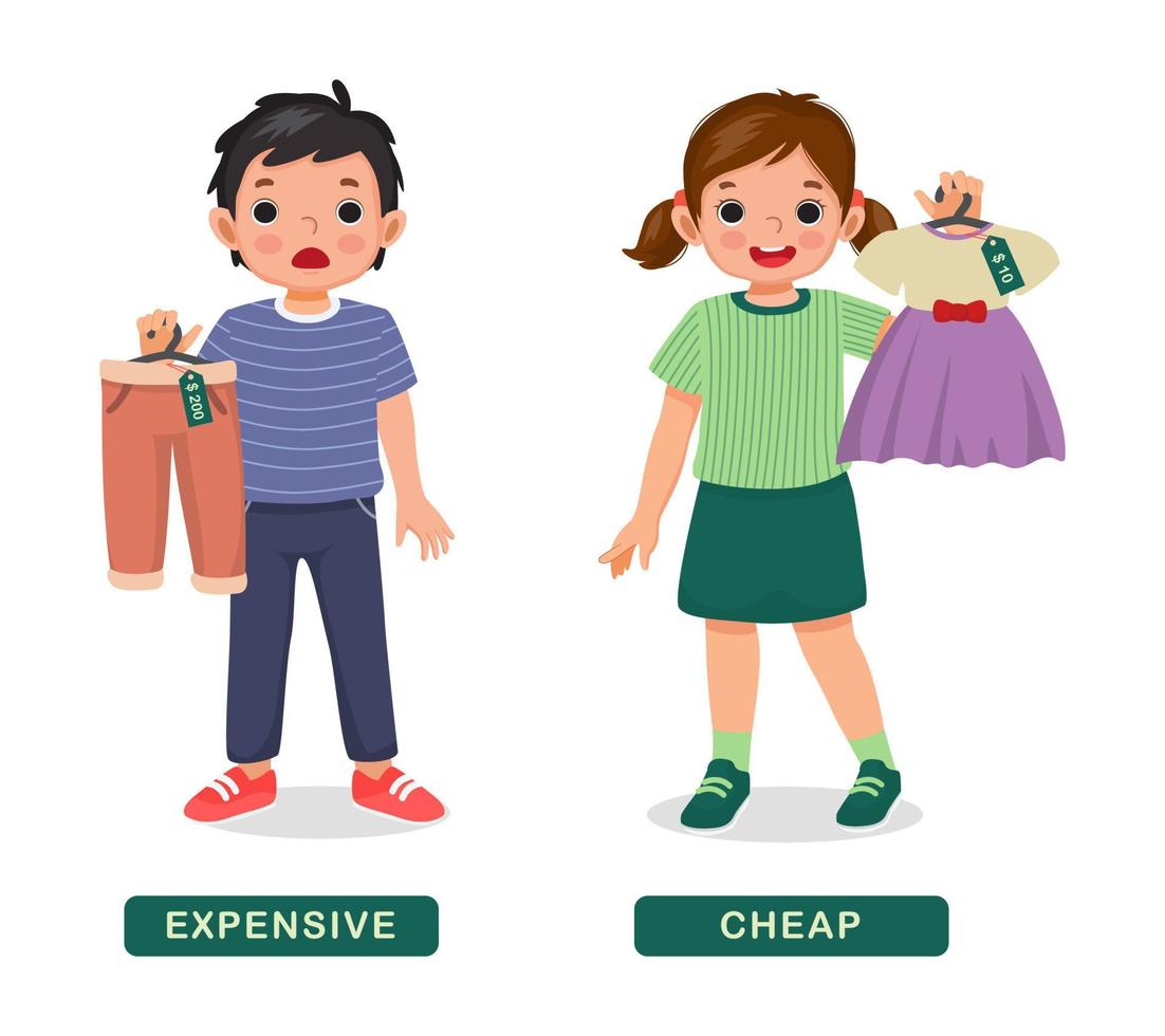 Opposite adjective antonym words expensive and cheap illustration of little boy and girl holding clothes vector